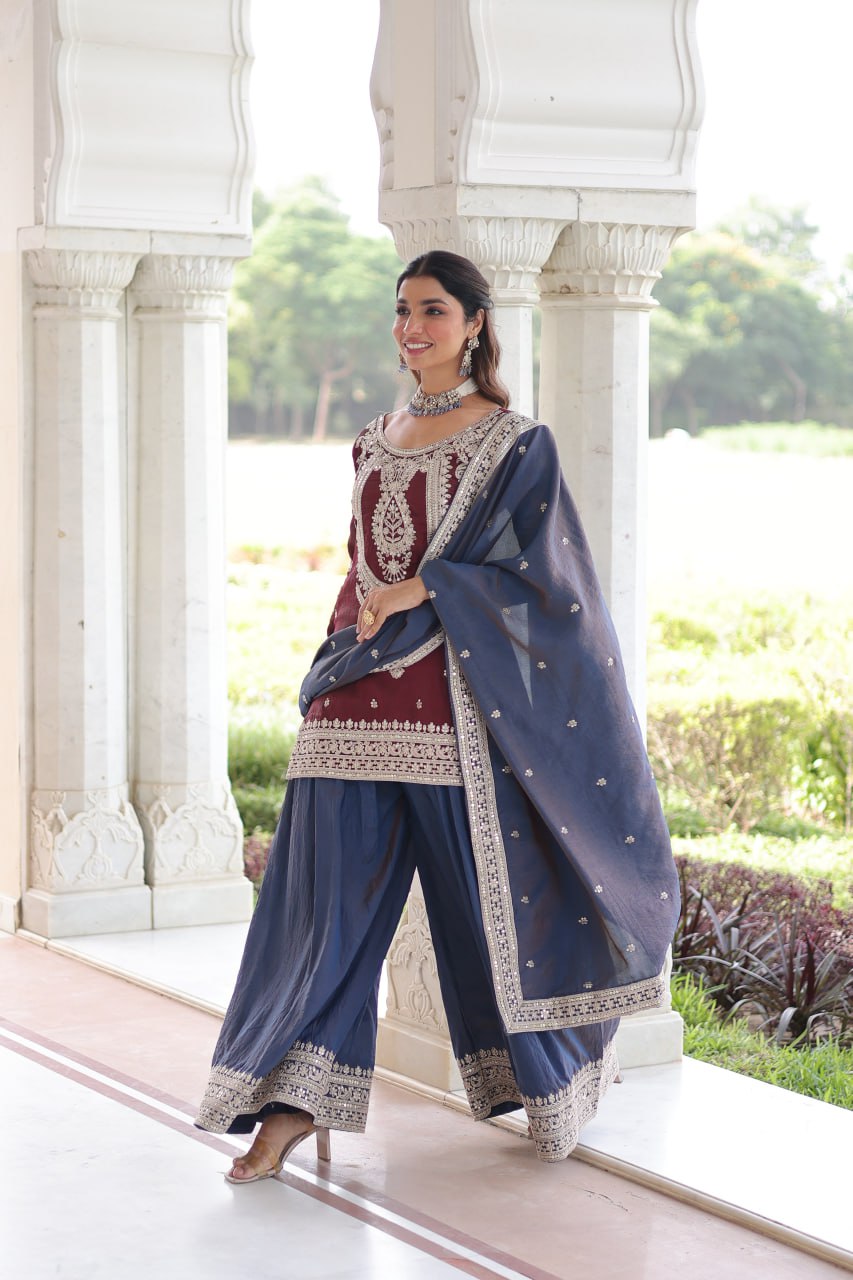 Beautiful Maroon And Blue Color Embridered Sharara Suit Set