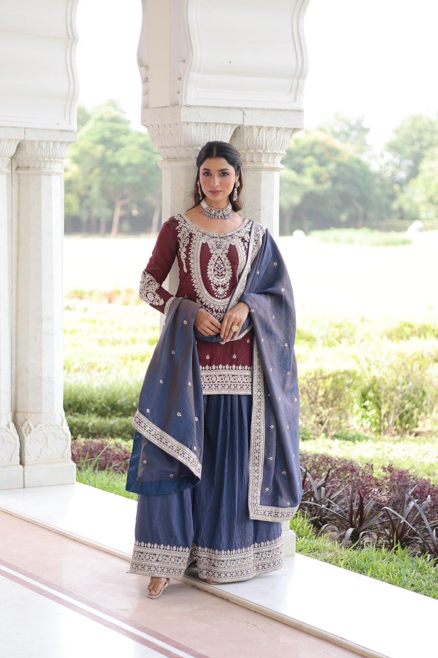 Beautiful Maroon And Blue Color Embridered Sharara Suit Set