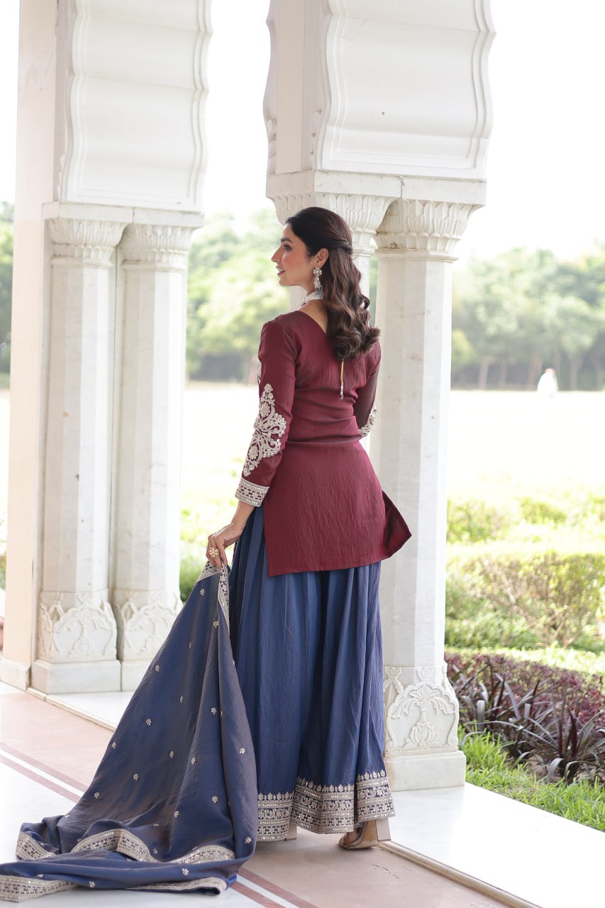 Beautiful Maroon And Blue Color Embridered Sharara Suit Set
