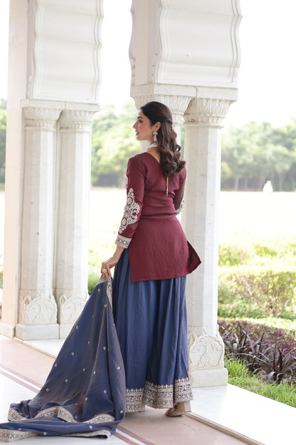 Beautiful Maroon And Blue Color Embridered Sharara Suit Set