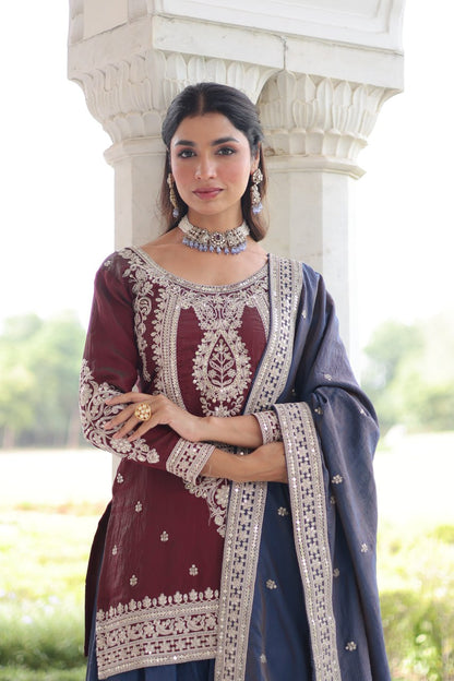 Beautiful Maroon And Blue Color Embridered Sharara Suit Set