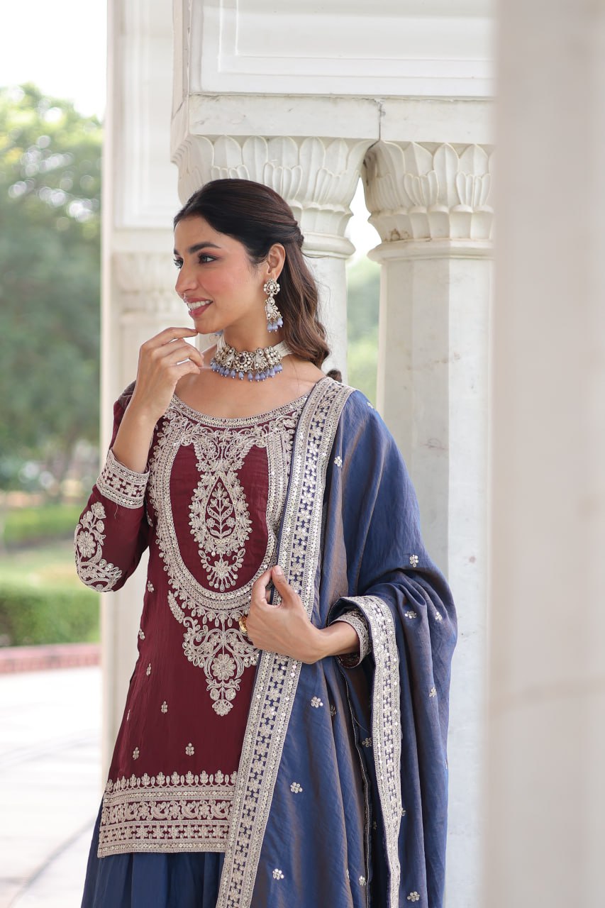 Beautiful Maroon And Blue Color Embridered Sharara Suit Set