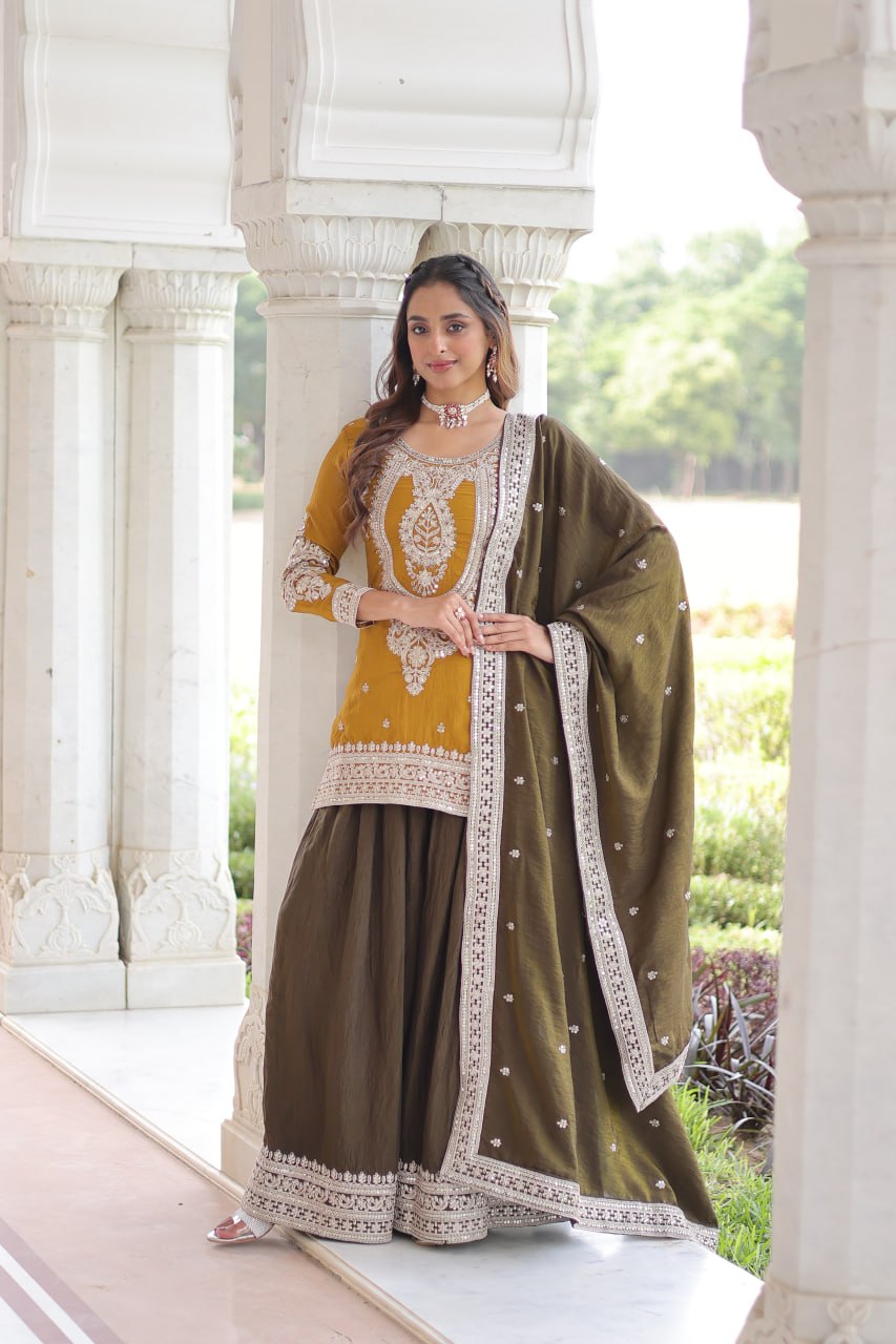 Fantestic Mustard And Green Color Embridered Sharara Suit Set