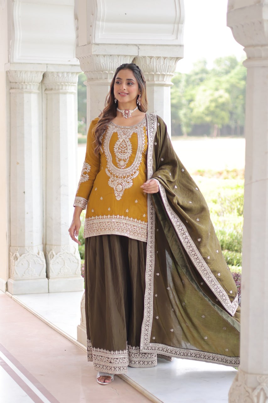 Fantestic Mustard And Green Color Embridered Sharara Suit Set