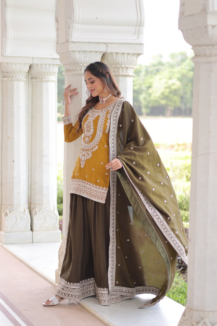 Fantestic Mustard And Green Color Embridered Sharara Suit Set