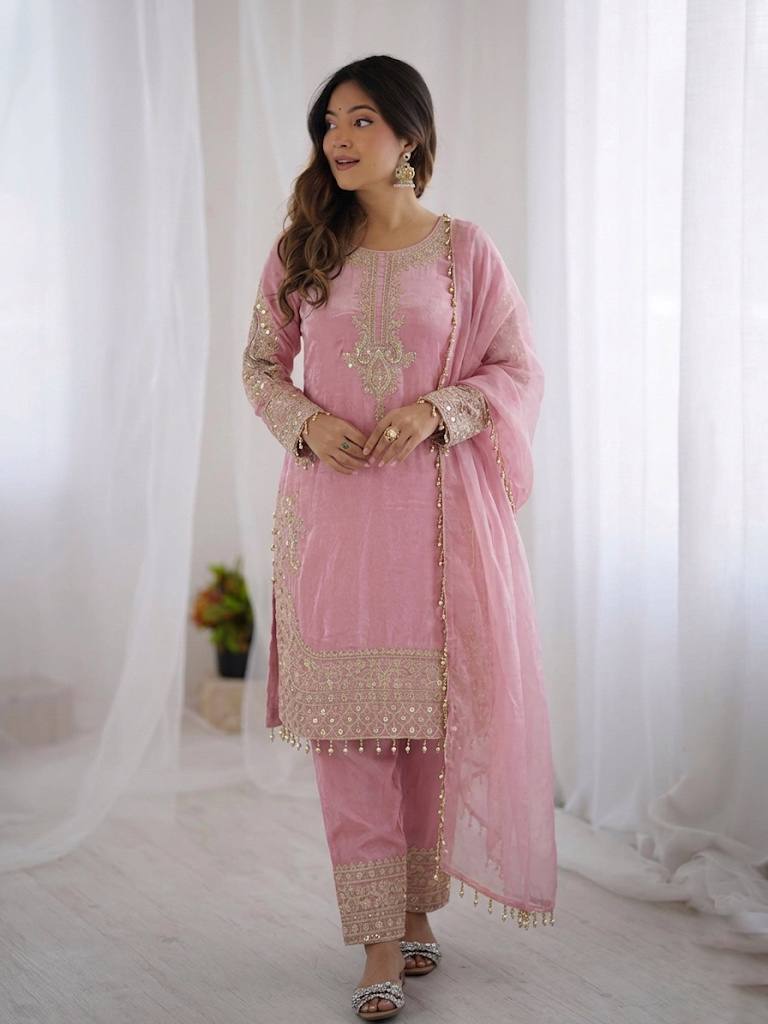 Arti Chauhan Wear Pink Color Heavy Embroidered Roman Glass Silk Plazzo Suit