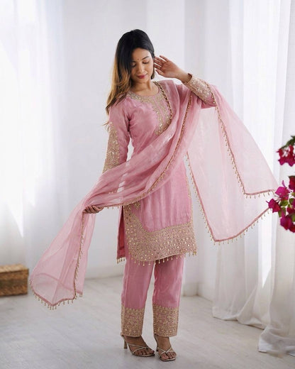 Arti Chauhan Wear Pink Color Heavy Embroidered Roman Glass Silk Plazzo Suit
