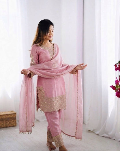 Arti Chauhan Wear Pink Color Heavy Embroidered Roman Glass Silk Plazzo Suit