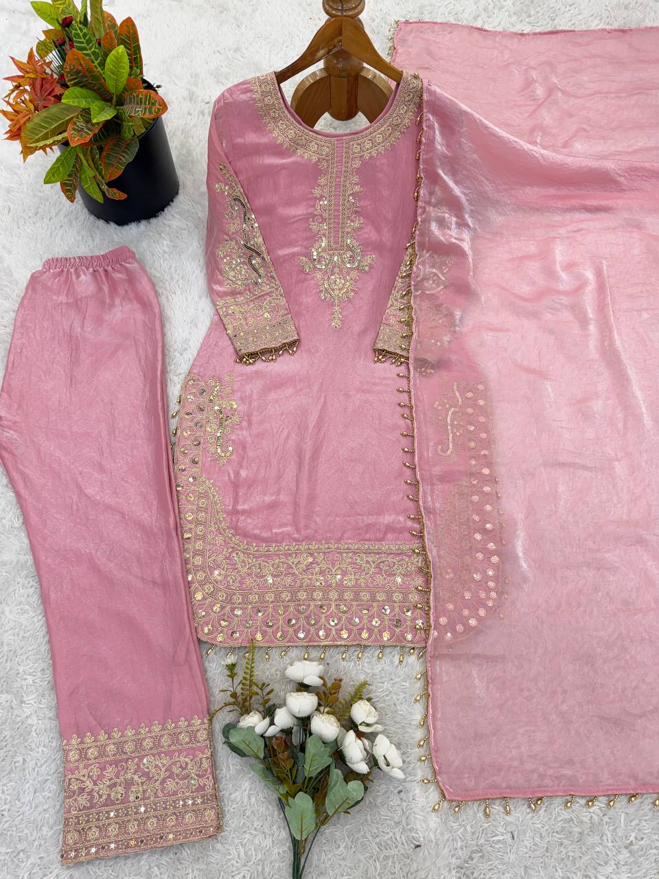 Arti Chauhan Wear Pink Color Heavy Embroidered Roman Glass Silk Plazzo Suit