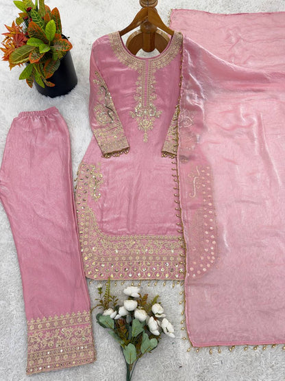 Arti Chauhan Wear Pink Color Heavy Embroidered Roman Glass Silk Plazzo Suit