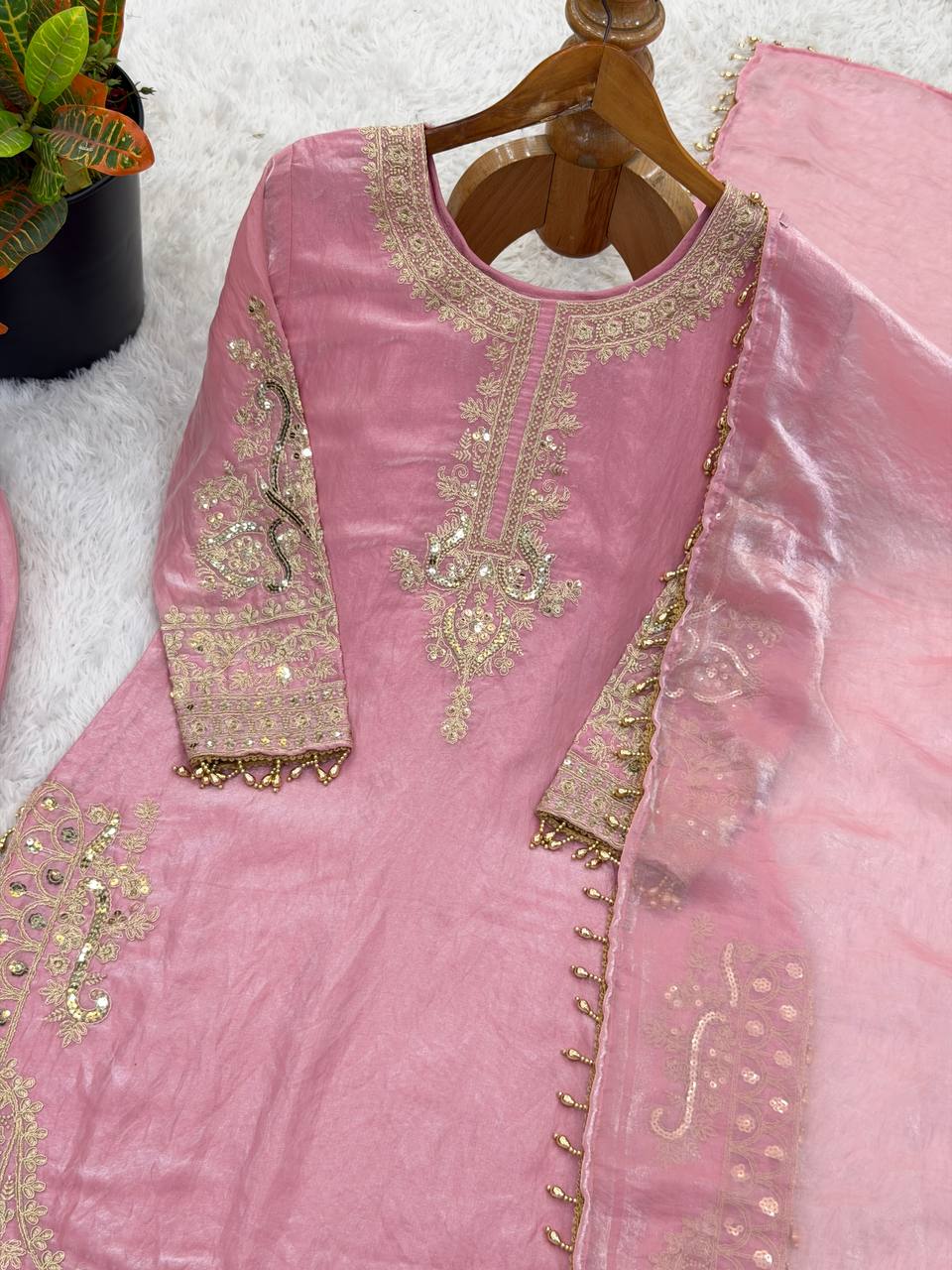 Arti Chauhan Wear Pink Color Heavy Embroidered Roman Glass Silk Plazzo Suit