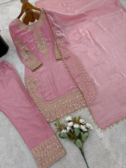 Arti Chauhan Wear Pink Color Heavy Embroidered Roman Glass Silk Plazzo Suit