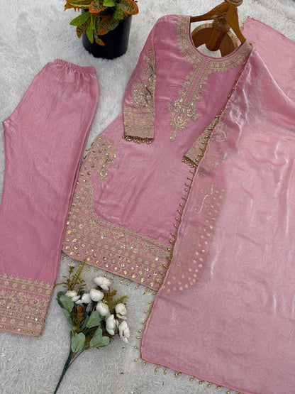 Arti Chauhan Wear Pink Color Heavy Embroidered Roman Glass Silk Plazzo Suit