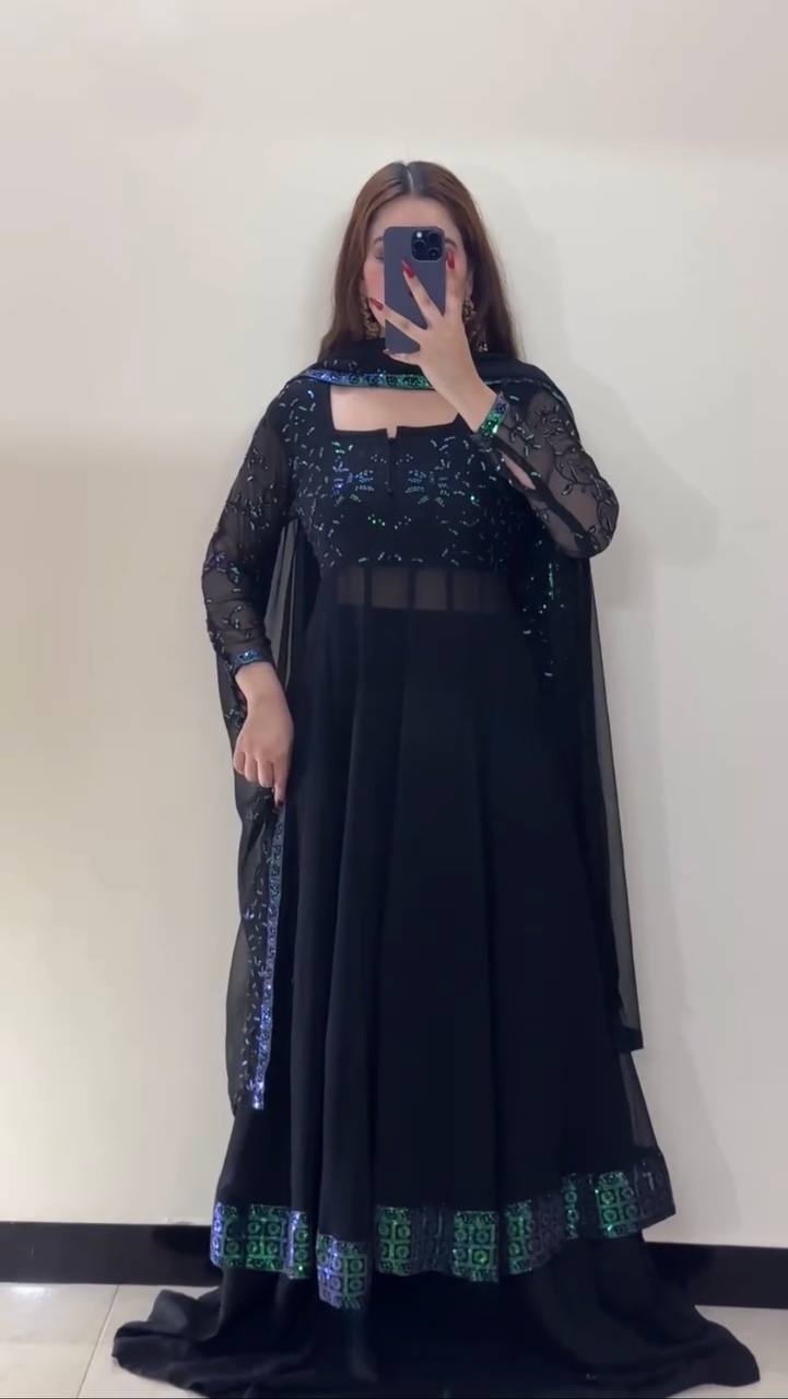 Classic Blue Color Sequin Work Faux Georgette Palazzo Set