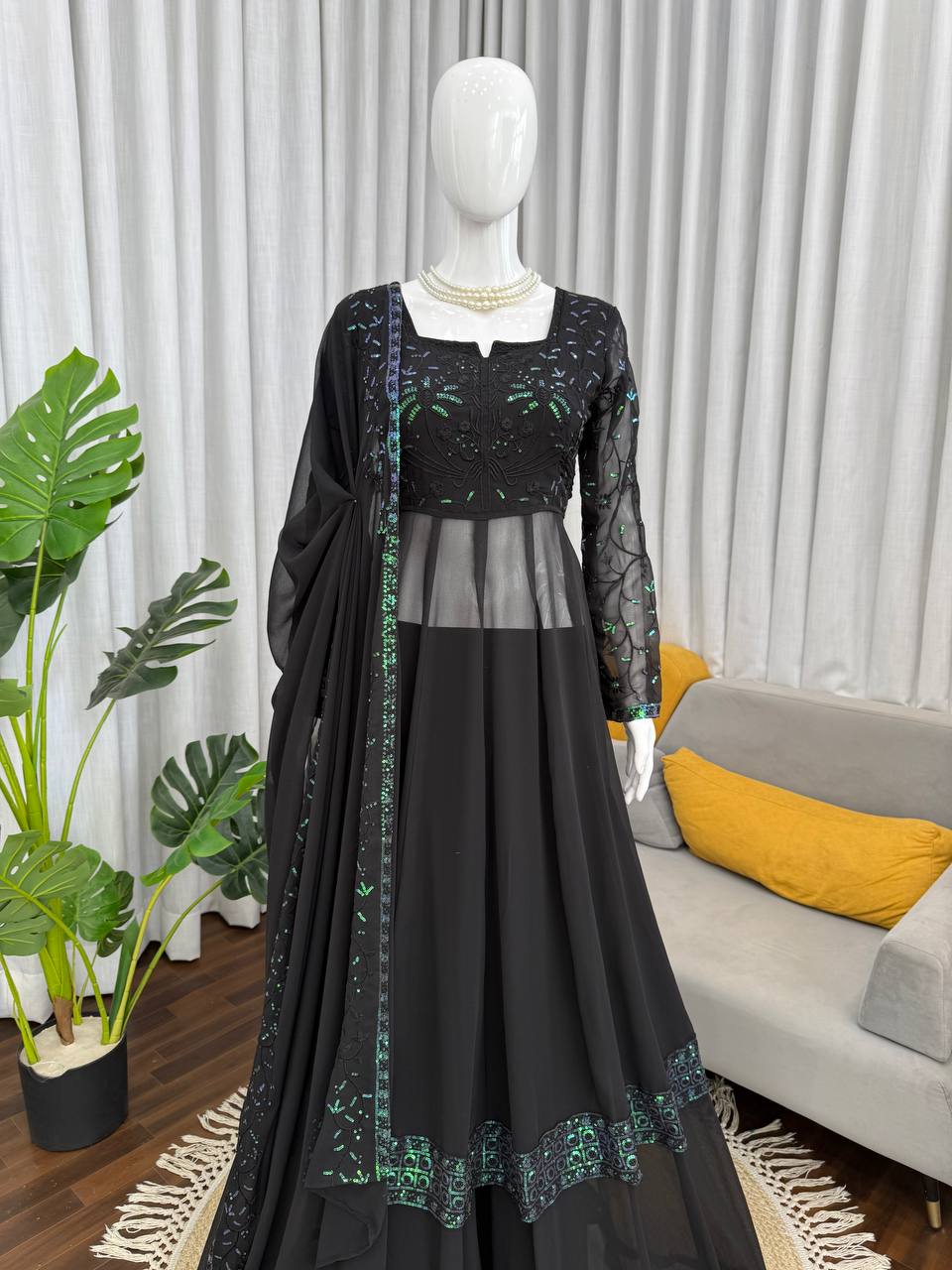 Stunning Black Color Thread with  Sequin Work Georgette Palazzo Set