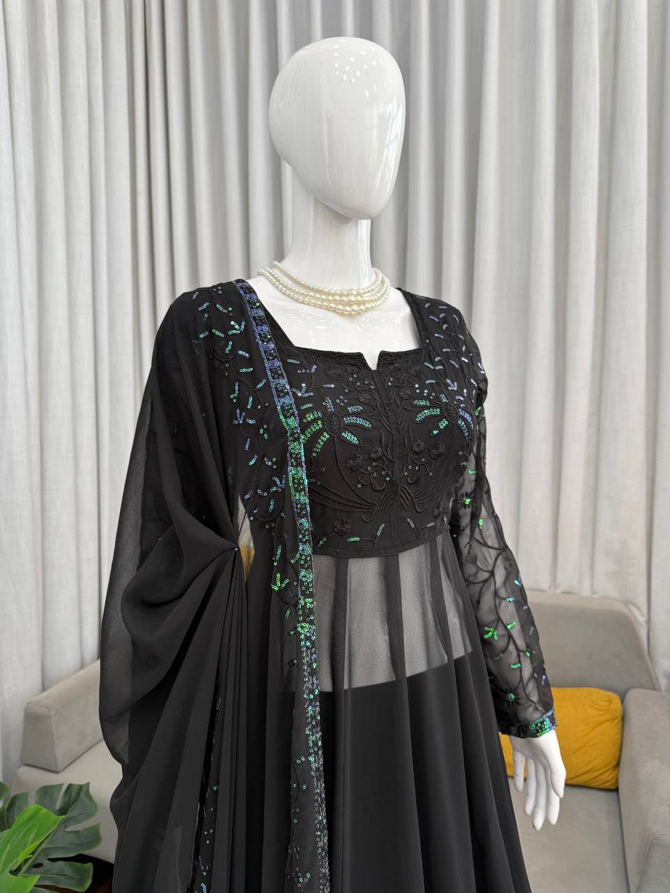 Stunning Black Color Thread with  Sequin Work Georgette Palazzo Set