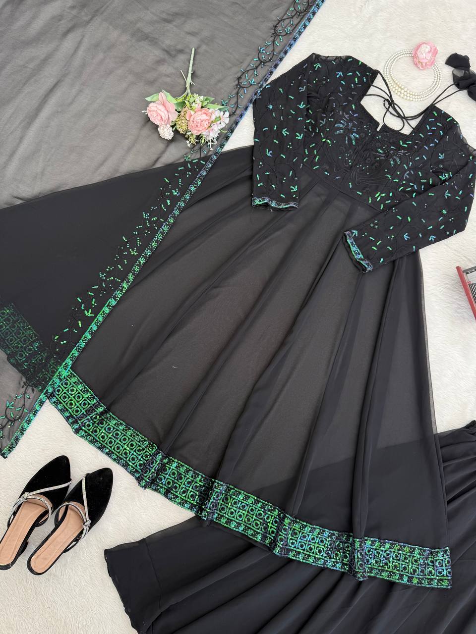 Stunning Black Color Thread with  Sequin Work Georgette Palazzo Set