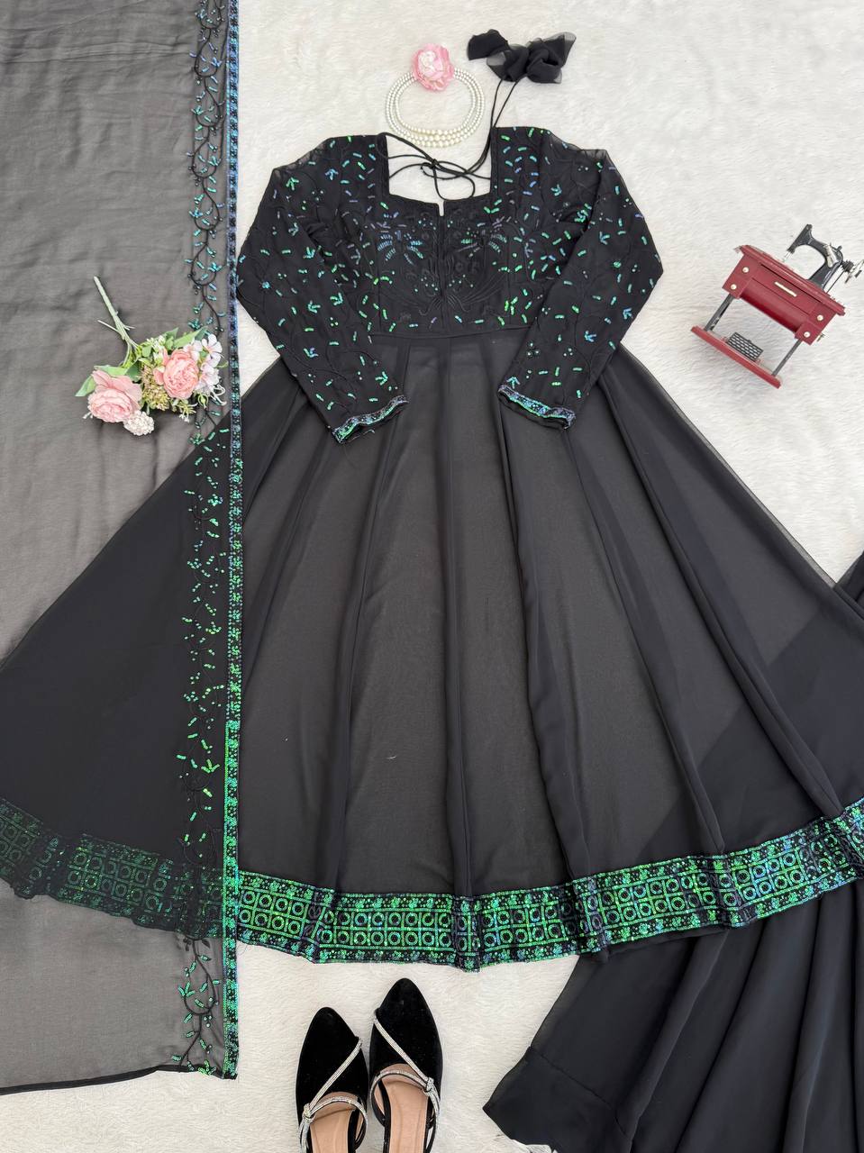 Stunning Black Color Thread with  Sequin Work Georgette Palazzo Set