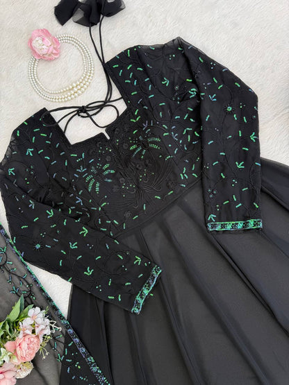 Stunning Black Color Thread with  Sequin Work Georgette Palazzo Set