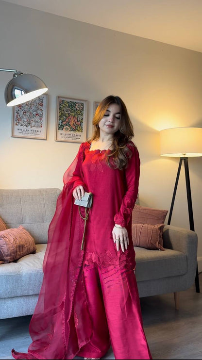 Charming Pink Color Roman Thread With Sequence Work Palazzo Suit