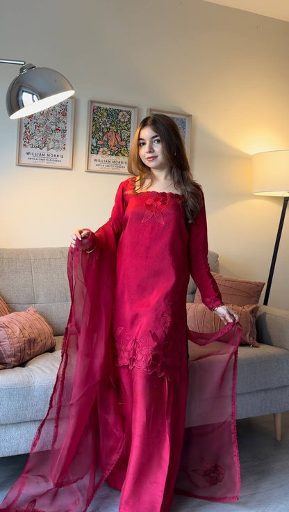 Charming Pink Color Roman Thread With Sequence Work Palazzo Suit