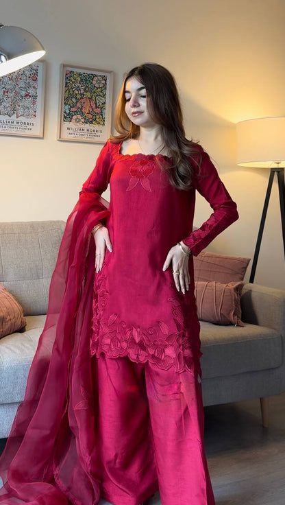 Charming Pink Color Roman Thread With Sequence Work Palazzo Suit