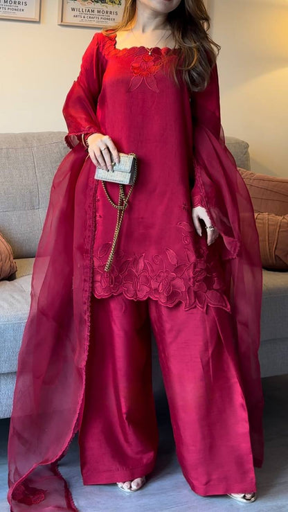 Charming Pink Color Roman Thread With Sequence Work Palazzo Suit