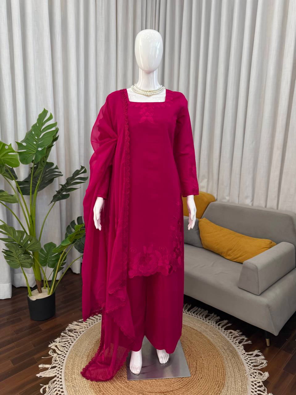 Charming Pink Color Roman Thread With Sequence Work Palazzo Suit