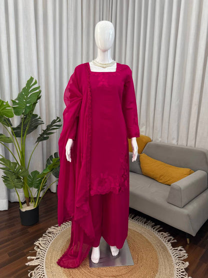 Charming Pink Color Roman Thread With Sequence Work Palazzo Suit