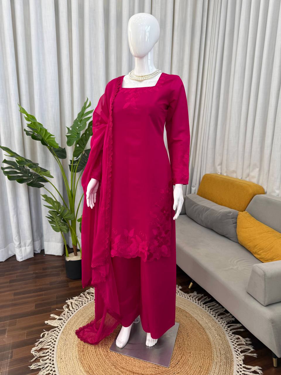 Charming Pink Color Roman Thread With Sequence Work Palazzo Suit