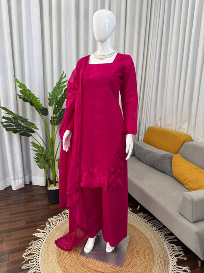 Charming Pink Color Roman Thread With Sequence Work Palazzo Suit