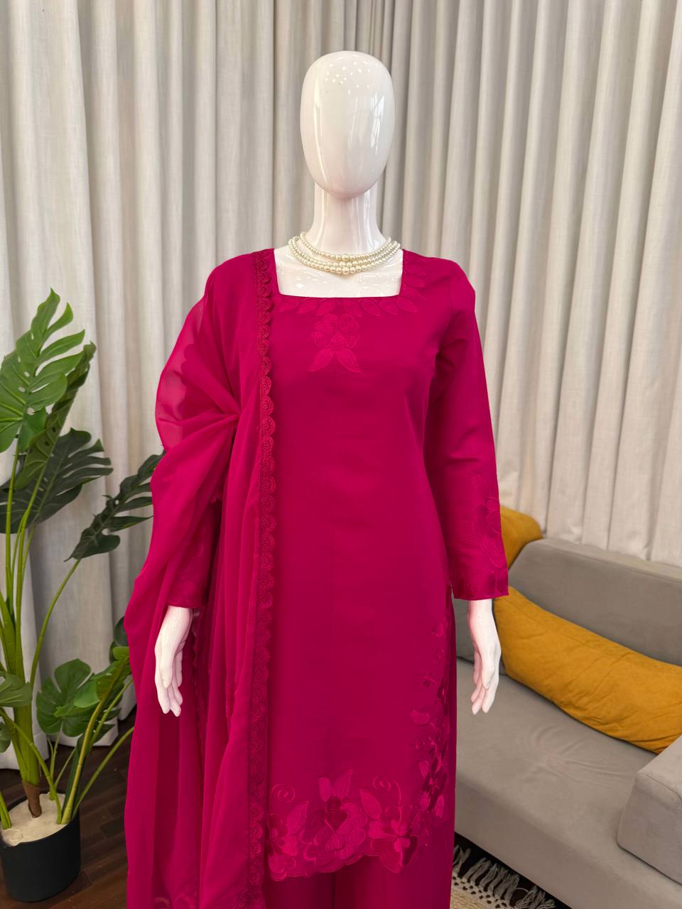 Charming Pink Color Roman Thread With Sequence Work Palazzo Suit
