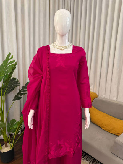 Charming Pink Color Roman Thread With Sequence Work Palazzo Suit