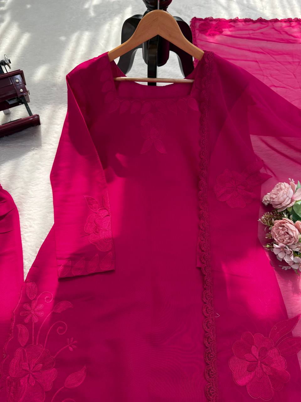 Charming Pink Color Roman Thread With Sequence Work Palazzo Suit