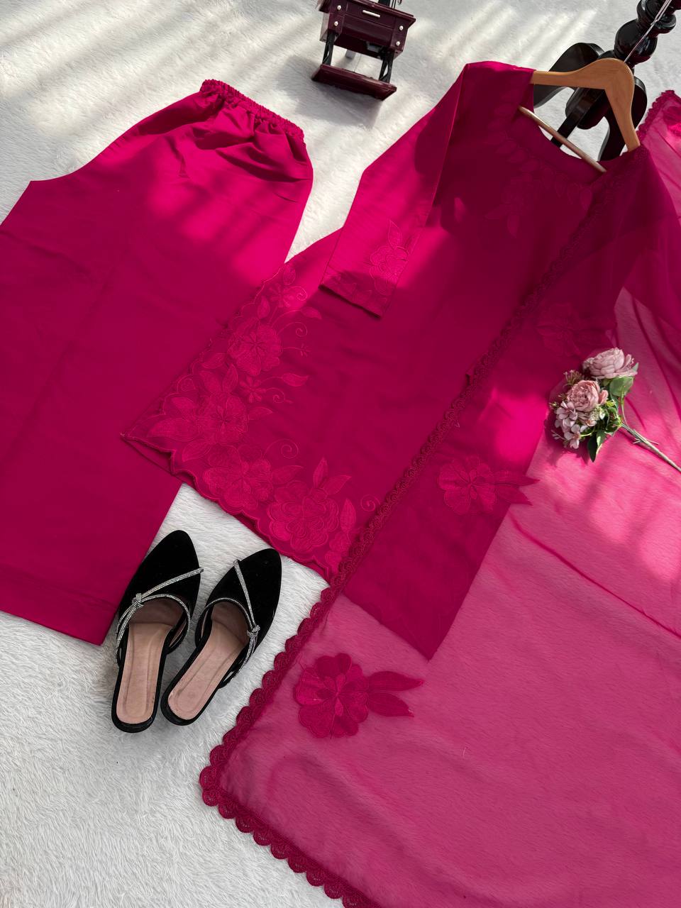 Charming Pink Color Roman Thread With Sequence Work Palazzo Suit