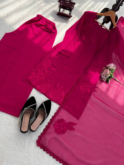 Charming Pink Color Roman Thread With Sequence Work Palazzo Suit