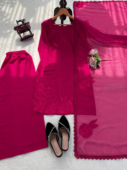 Charming Pink Color Roman Thread With Sequence Work Palazzo Suit