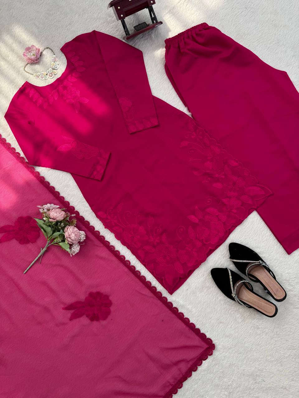 Charming Pink Color Roman Thread With Sequence Work Palazzo Suit