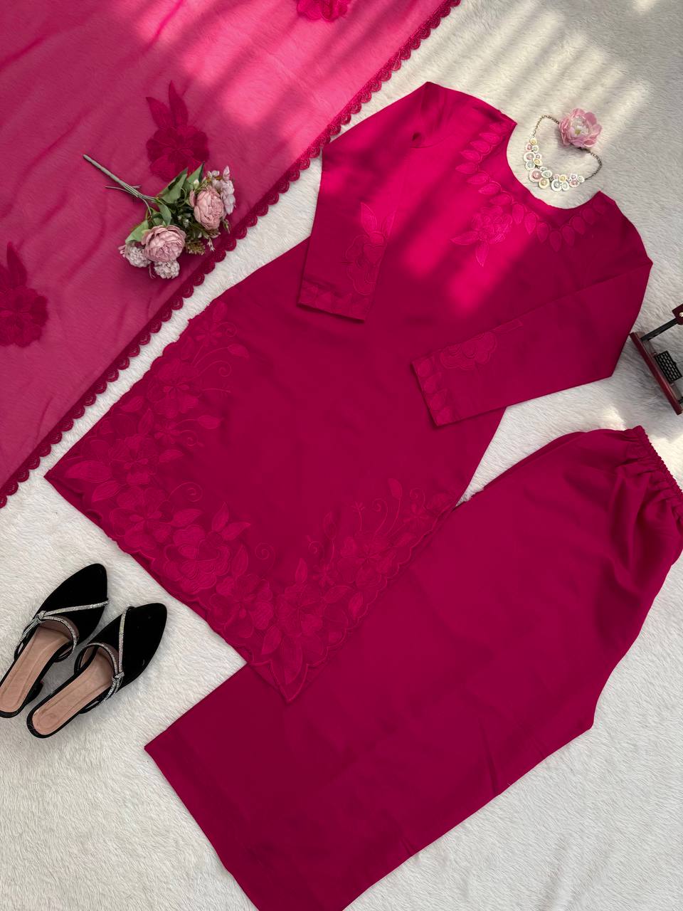 Charming Pink Color Roman Thread With Sequence Work Palazzo Suit