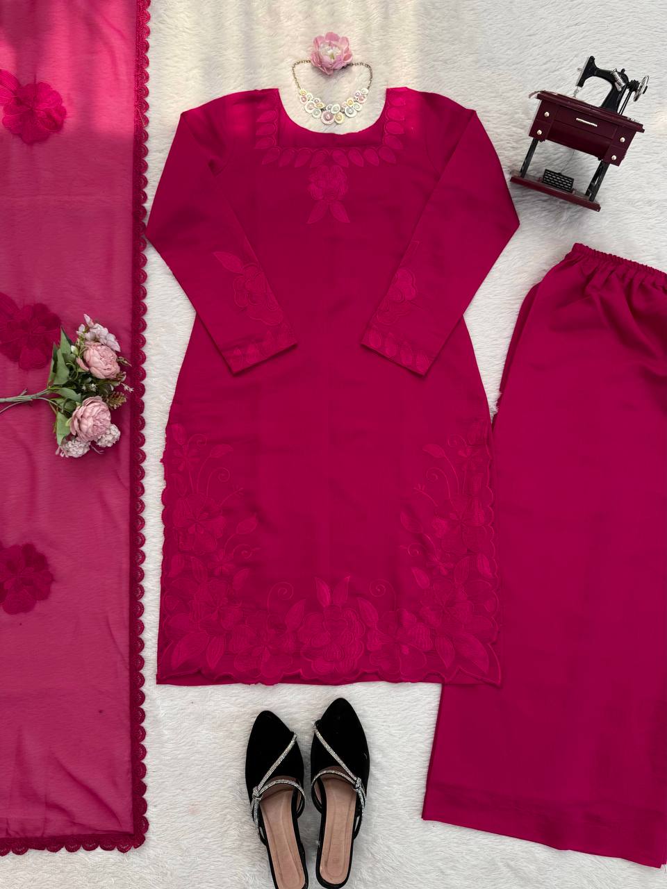 Charming Pink Color Roman Thread With Sequence Work Palazzo Suit