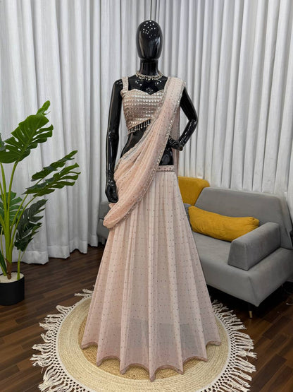 Stylish Beige Color Ready To Wear Lehenga Saree With Designer Choli