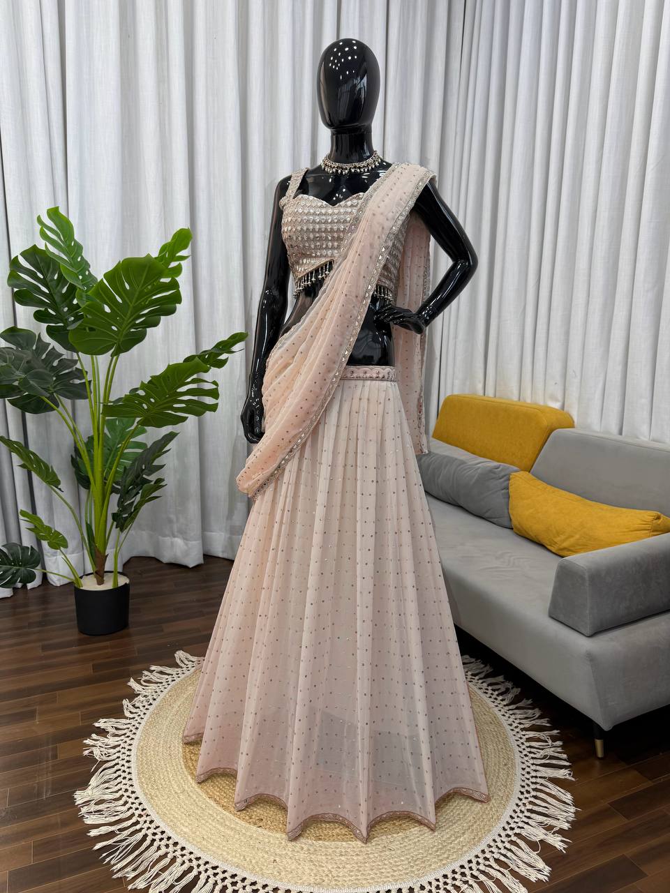 Stylish Beige Color Ready To Wear Lehenga Saree With Designer Choli