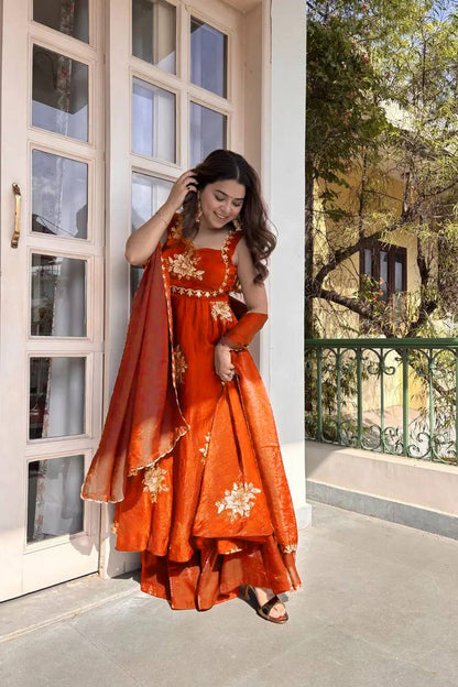 Awesome Orange Color Thread Sequence Work Palazzo Suit With Dupatta