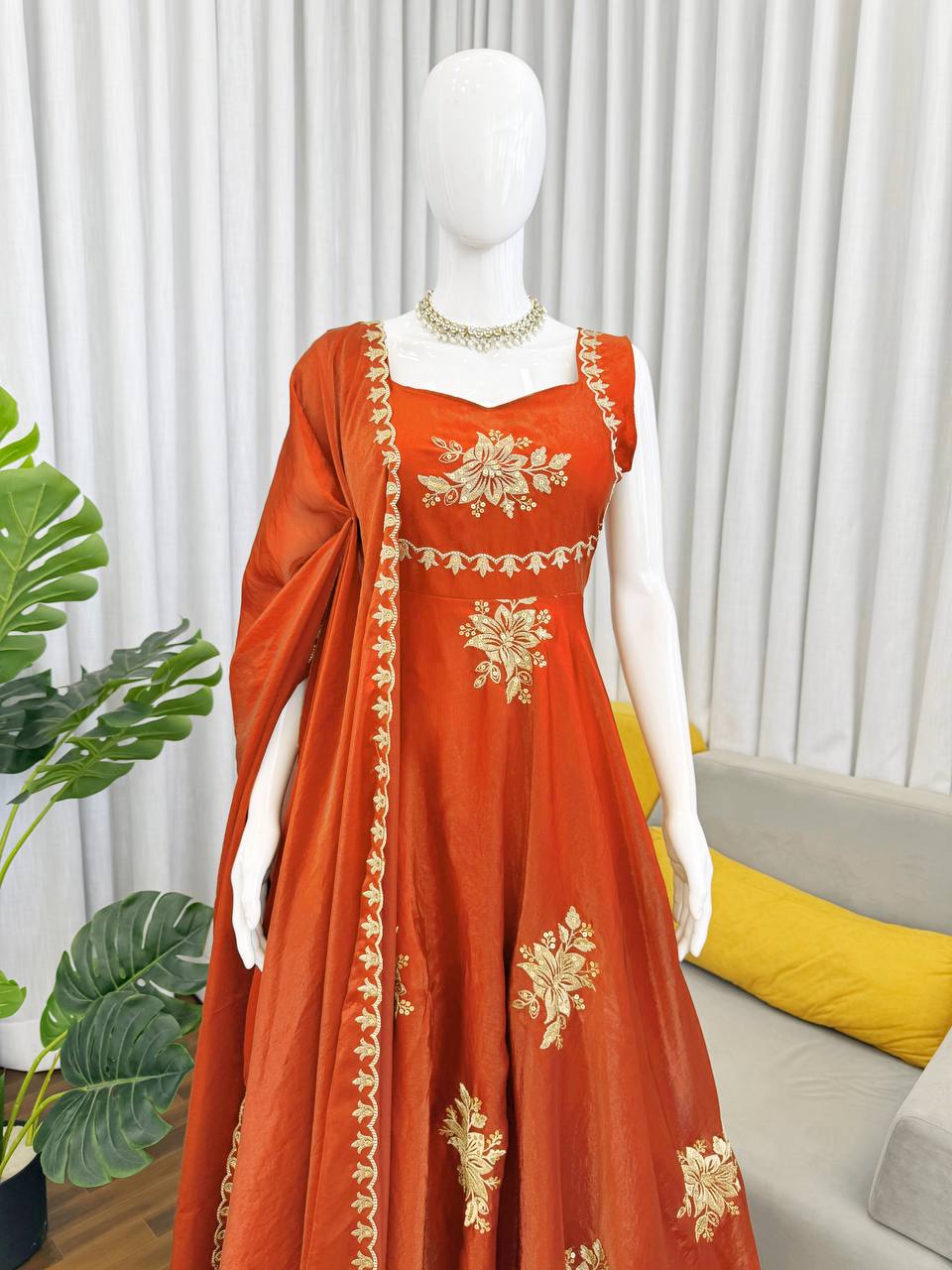 Awesome Orange Color Thread Sequence Work Palazzo Suit With Dupatta