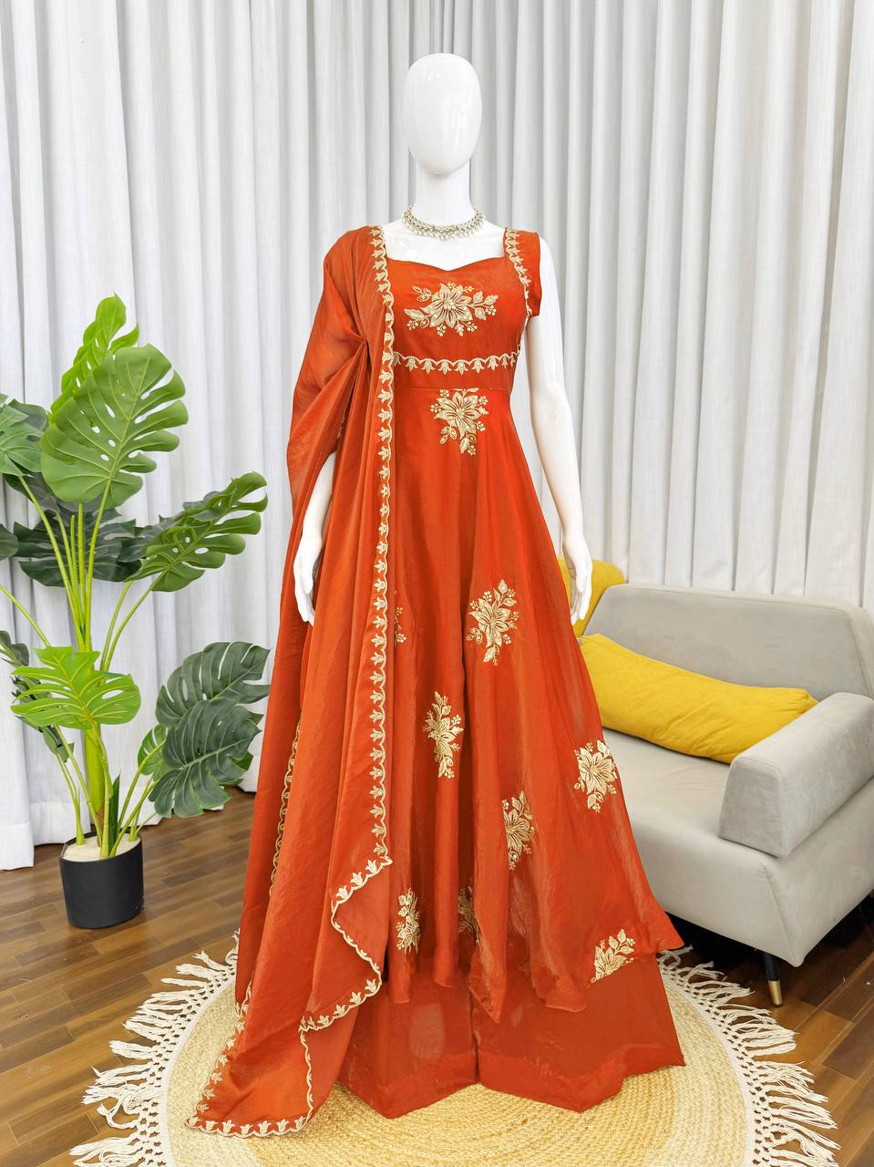 Awesome Orange Color Thread Sequence Work Palazzo Suit With Dupatta