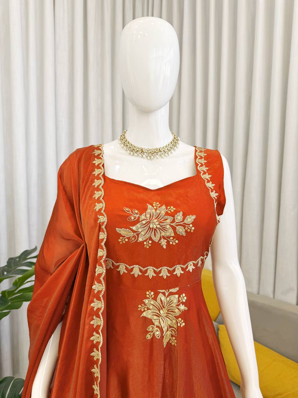 Awesome Orange Color Thread Sequence Work Palazzo Suit With Dupatta