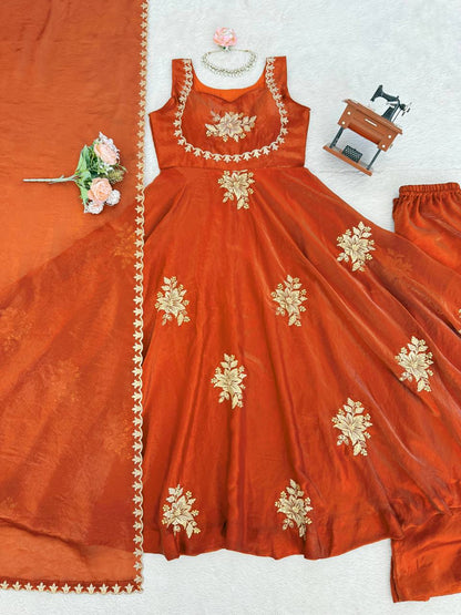 Awesome Orange Color Thread Sequence Work Palazzo Suit With Dupatta