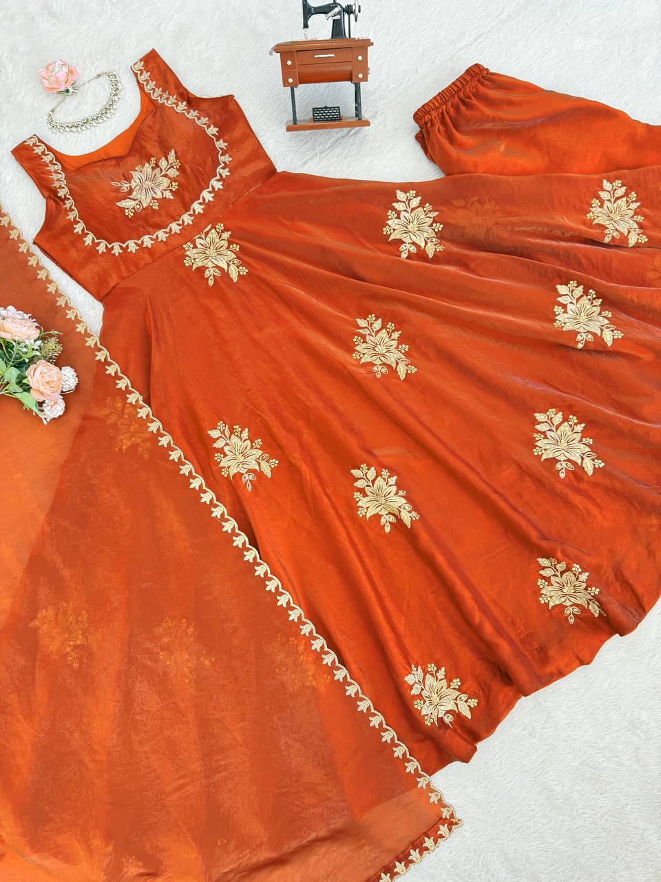 Awesome Orange Color Thread Sequence Work Palazzo Suit With Dupatta