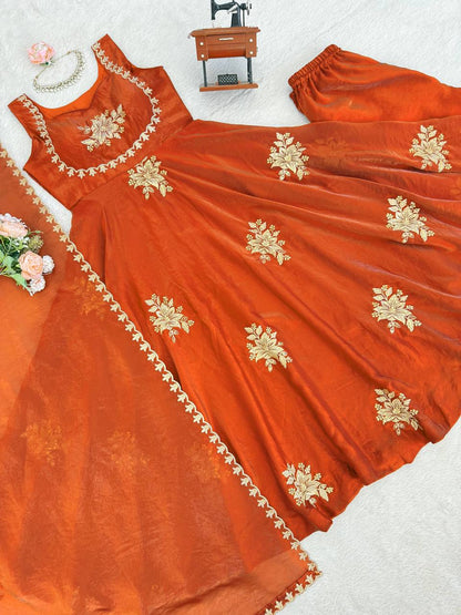 Awesome Orange Color Thread Sequence Work Palazzo Suit With Dupatta