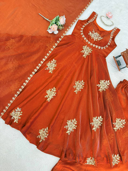 Awesome Orange Color Thread Sequence Work Palazzo Suit With Dupatta